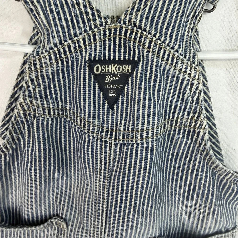 OshKosh B'gosh Denim Striped Overall 12 Months Blue/White Buckle Pockets Vintage